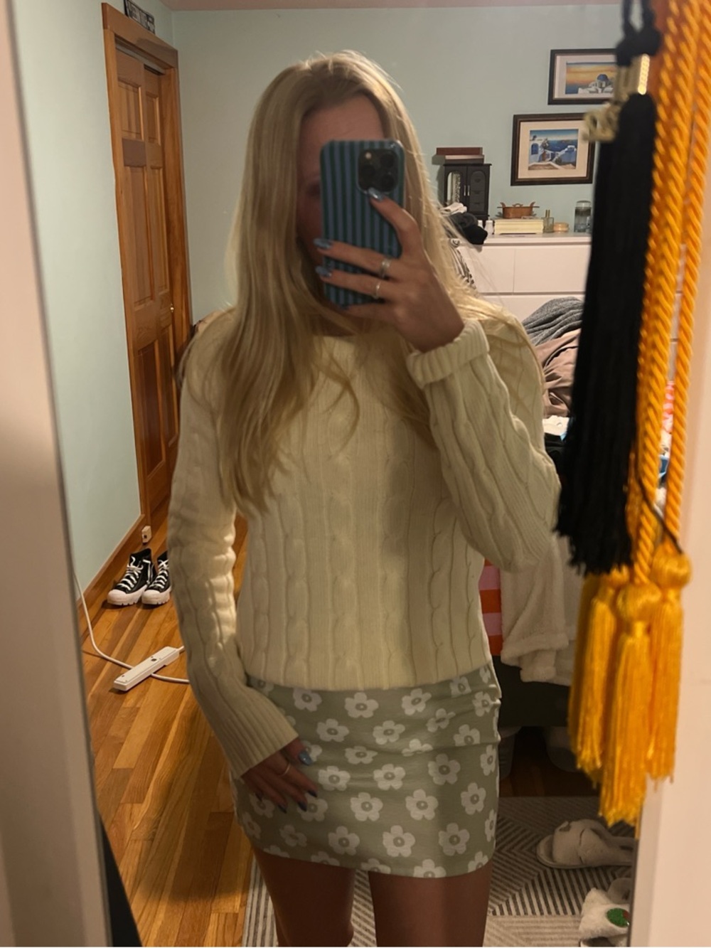 SHEIN Sage Green Mini Skirt with White Floral Print